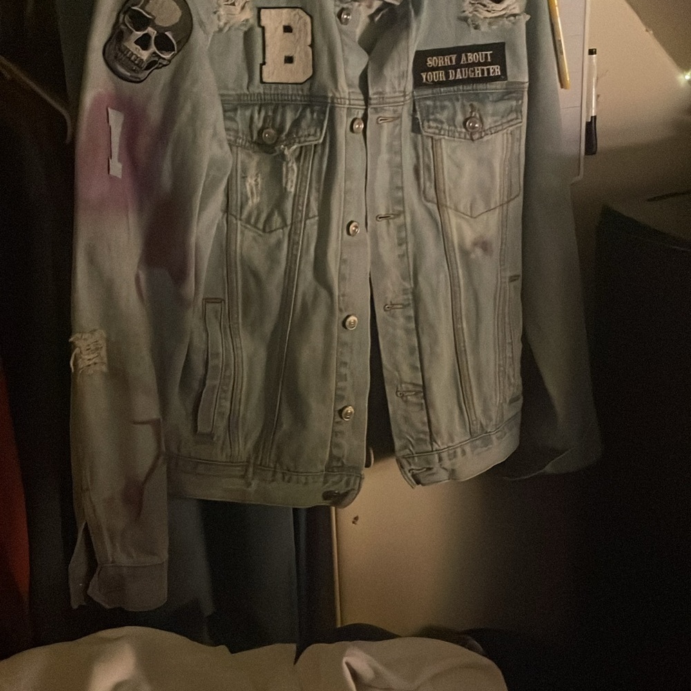 GAP Light Blue Denim Jacket with Patches and art deco I created on the back